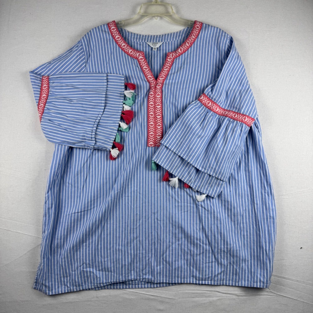 Crown & Ivy Curvy 3X Blue White Stripe Tassel Bell Sleeve Cotton Tunic Top